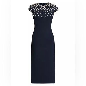 Oscar de la Renta Crystal Imitation Pearl Embroidered Stretch-Wool Navy Dress